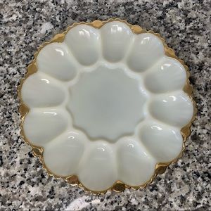 Anchor Hocking Vintage Milk Glass Eggs Serving Platter Gold Trimmed